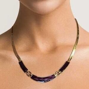 Vintage Trifari 1980s Purple Swirl Enamel Gold-Tone‎ Choker Bib Statement